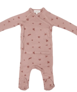 Koalav long sleeve asymmetric snap front footed coverall in rose dust